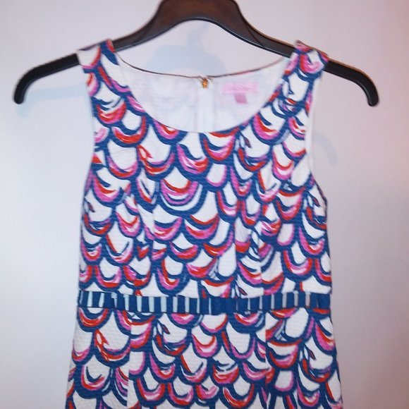 Lilly Pulitzer Dress Size 4 Sheath White Blue Red Pink Textured Scoop Neck Sleev - Picture 12 of 15